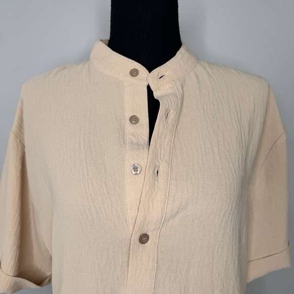 COOFANDY Beige Textured Henley Tunic Top Women's‎ M Short Sleeve Relax Oversized - Picture 3 of 11